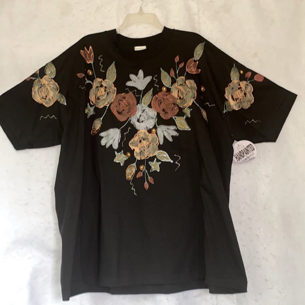 India Ink Vintage Hand Painted Fall Floral Tee Plus Size Oversized Tunic NWT
